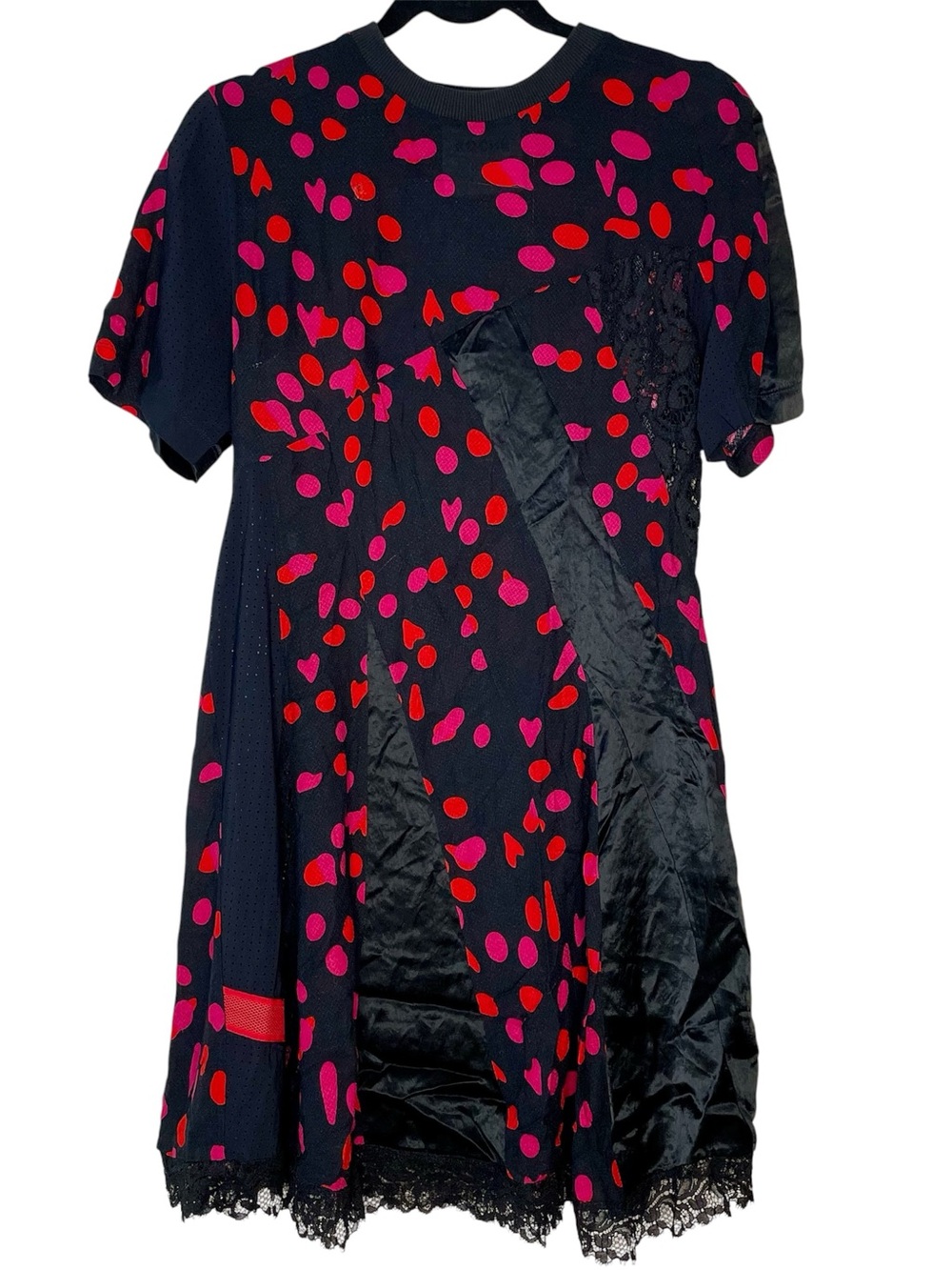 Koche Mini Dress Mixed Media Twisted Dot Satin Lace Pink Red Black Size 34 XS